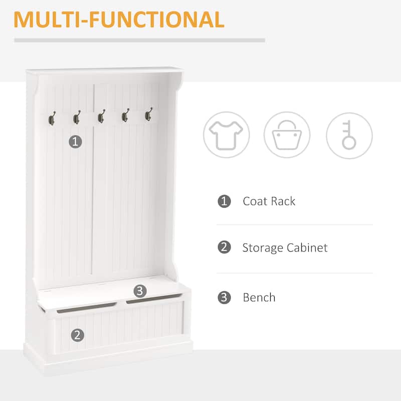 Cream White MDF Hall Tree with Storage Bench, Hooks and Seating - 37.8" W x 13.4" D x 70.7" H