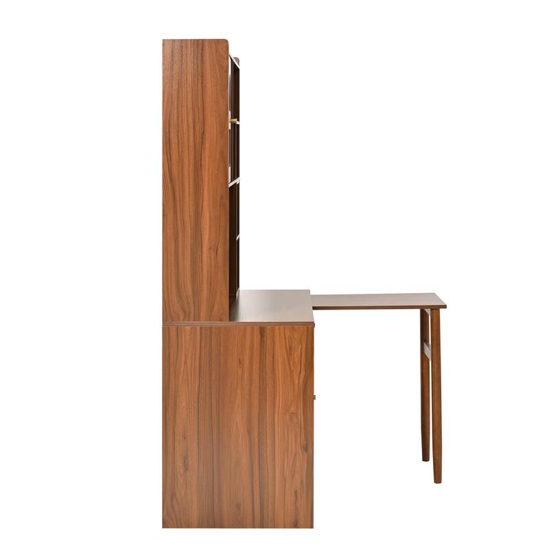 Computer Desk with 90 Rotating Side Table, Storage Drawer, Cabinets and Open Shelves for Home Office Study