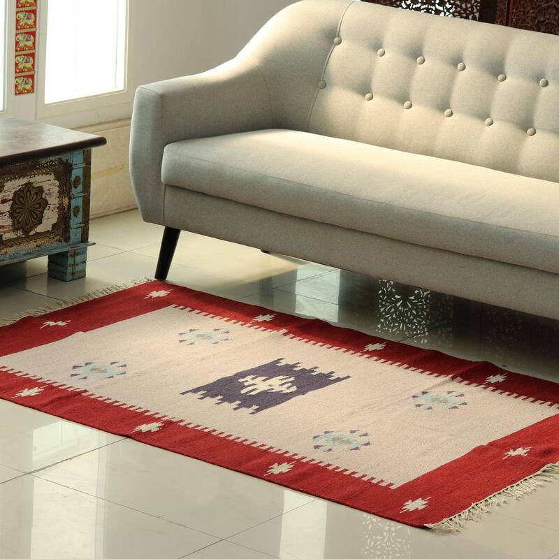 Handmade Khaki Geometry Wool area rug (India) - Big
