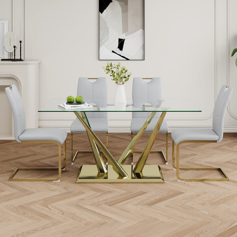 5-Piece Rectangular Dining Table Set for 4 Modern 63" Tempered Glass Kitchen Table with 4 Chairs, Luxury Dining Room Table Set