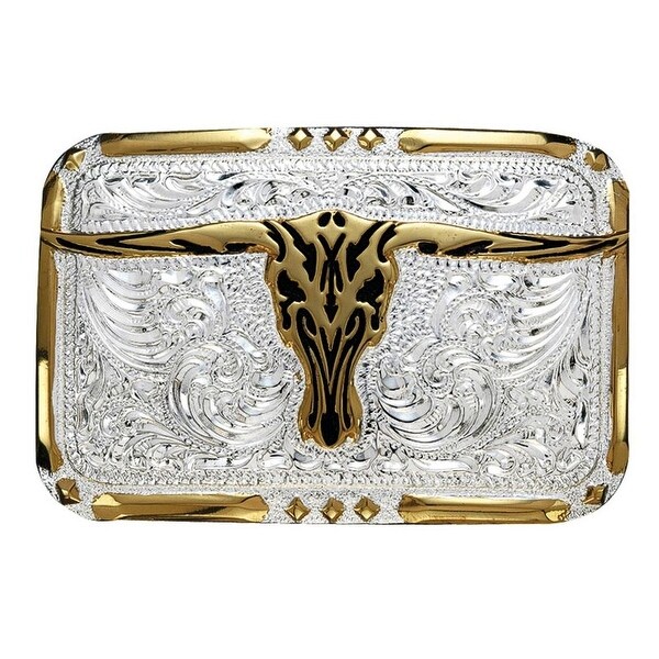 Crumrine Western Belt Buckle Longhorn Diamond Inlay Silver Gold - 2 3/8 x 3 3/8