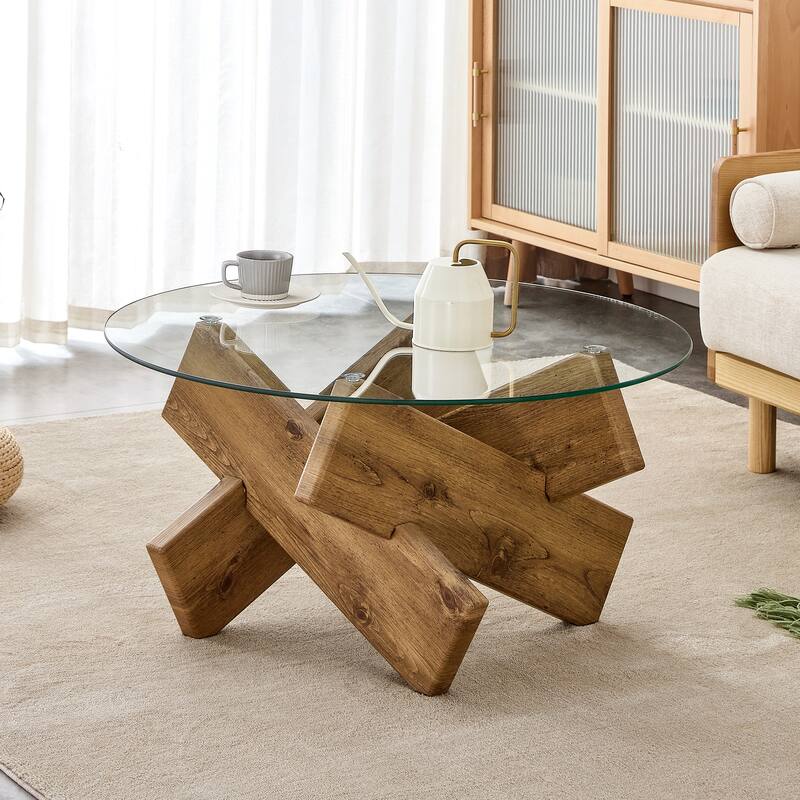 Round Glass Coffee Table, 33.4" Modern Side Table with Spliced ​​Table Legs Center Table for Living Room, Bedroom