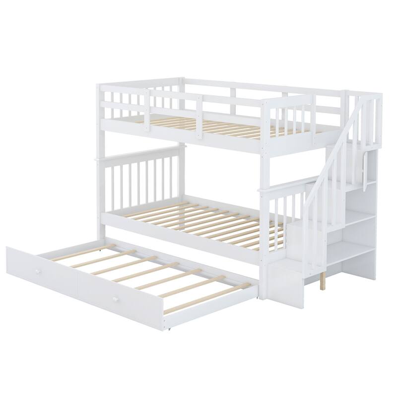 Twin-Over-Twin Bunk Bed with Trundle, White, Pinewood, Storage Shelves, No Box Spring Required