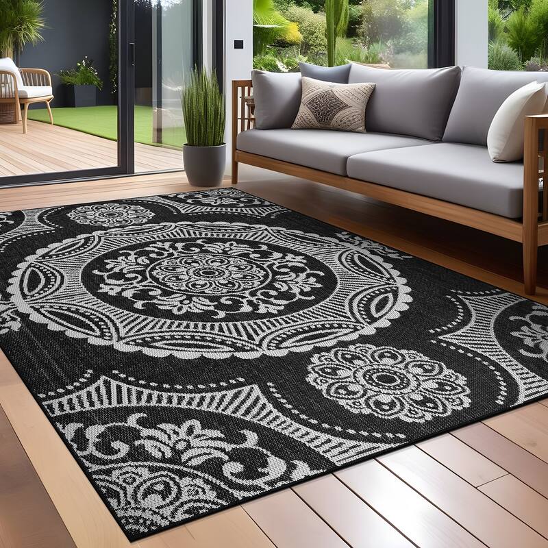 Beverly Rug Blue Medallion Indoor Outdoor Rug, Outside Carpet for Patio, Deck, Porch