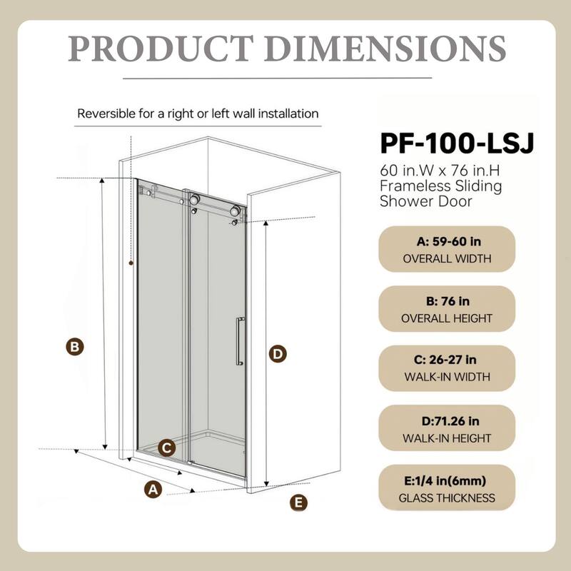 60" x 76" Sliding Frameless Shower Door - 60'' x 0.38'' x 76''