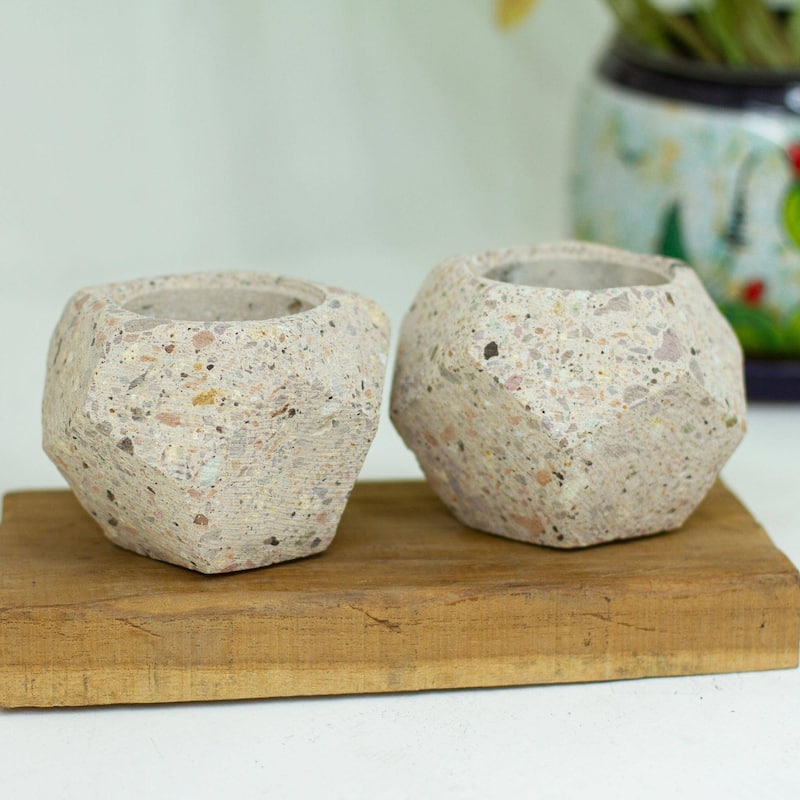 Novica Handmade Modern Polygon Recycled Stone Flower Pots (Pair)