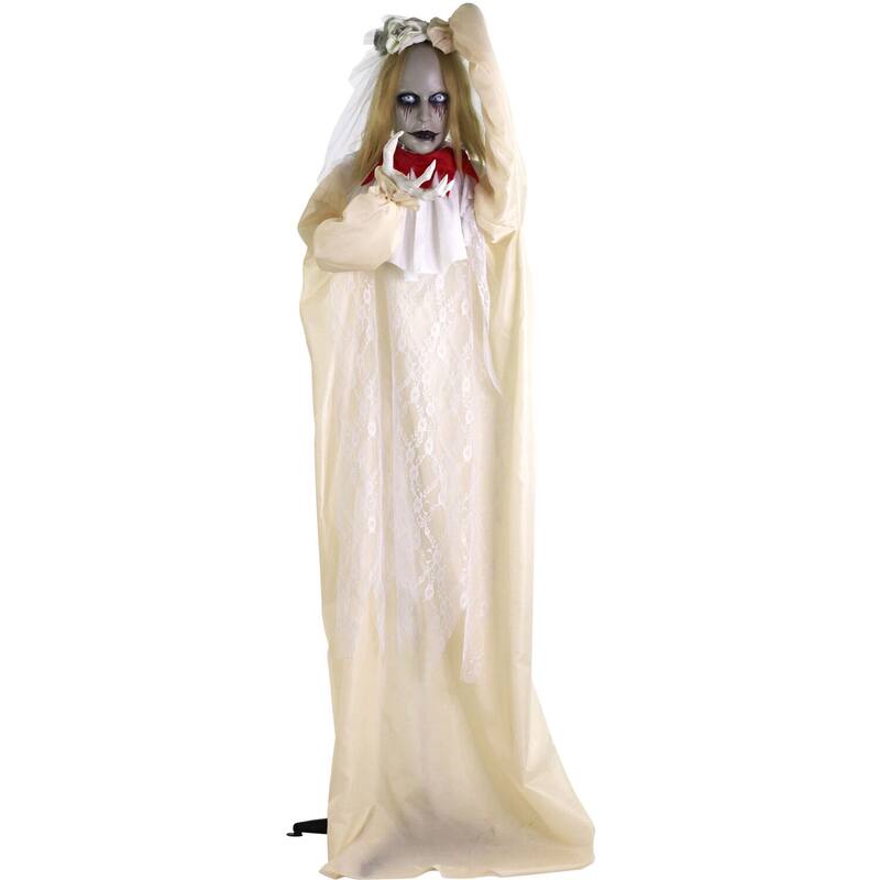 Haunted Hill Farm Poppy the Animatronic Zombie Bride with Pop-Up Head and Light-Up Eyes for Scary Halloween Decoration