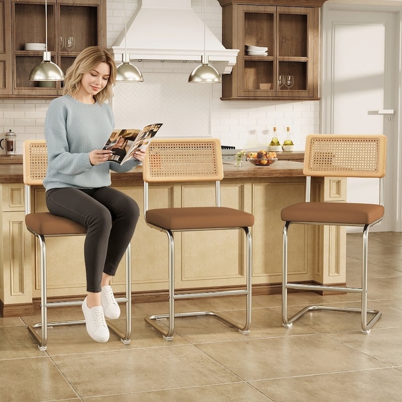 Set of 3 Counter Height Bar Stools with Woven Rattan Back and Footrest for Kitchen Island - 26" H