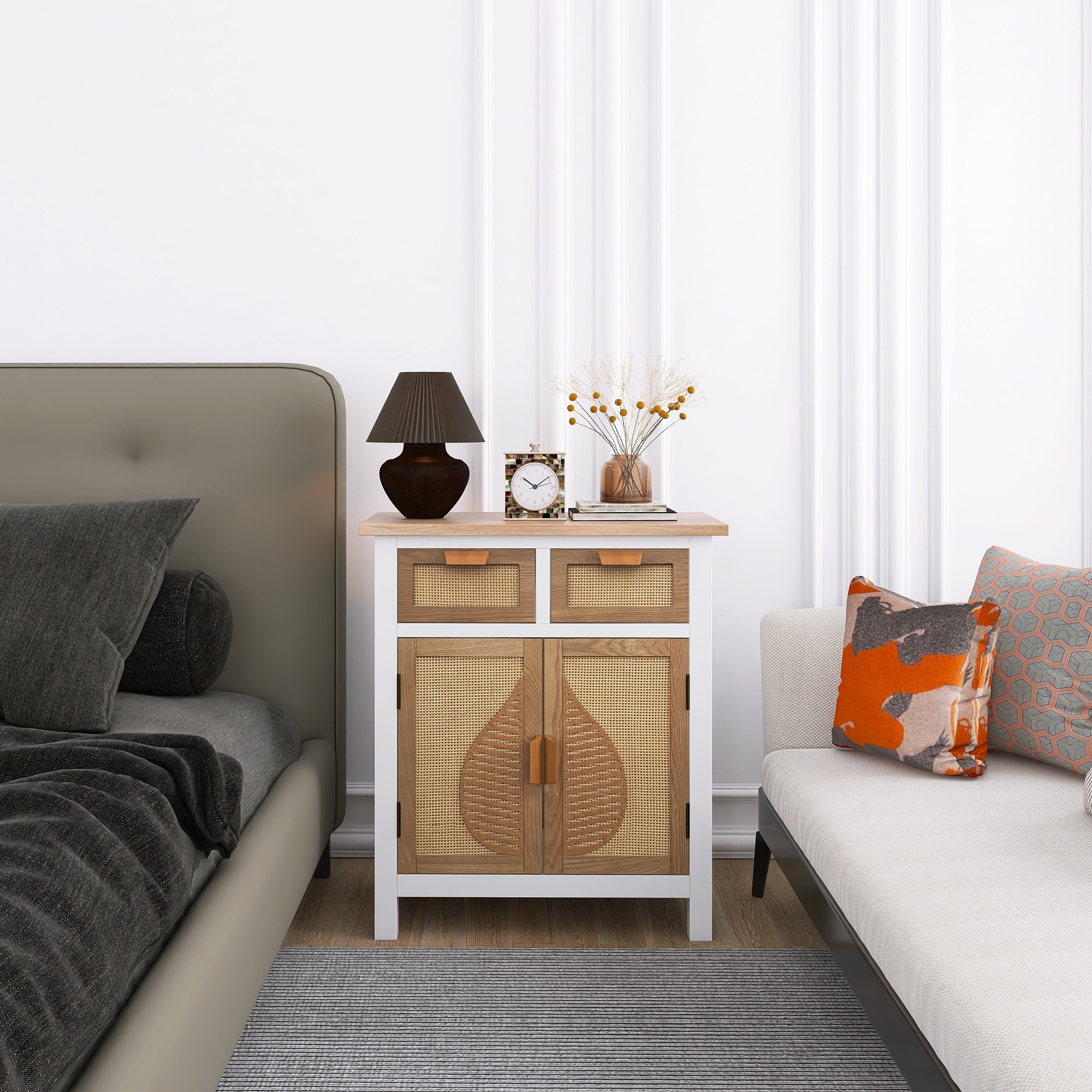JIMSMAISON The 4-door cabinet with special-shape artificial rattan door panels, convenient metal handles, and a straight-line frame, is an ideal choice for any room in your home