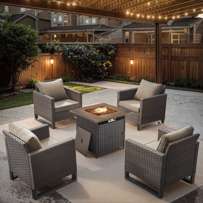 Gymojoy Outdoor Fire Pit Conversation Set, Patio Furniture with Cushions - 5 PCS - Club Chair & Fire Pit - Brown Wicker / Grey Cusion