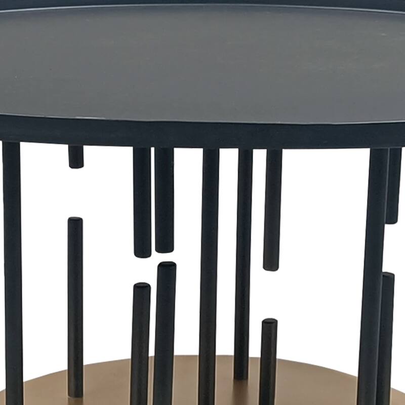 Neci 31 Inch Coffee Table, Round Matte Black Tray Top, Modern Rod Supports with Brass Base