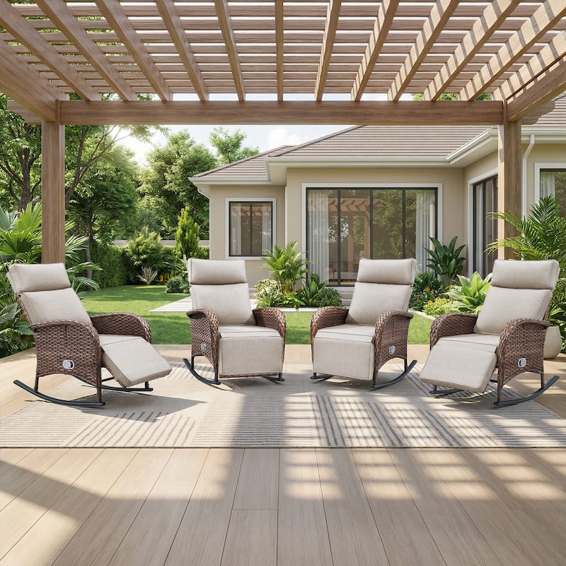 Meyreso Wicker Rocking Reclining Chaise Lounge with Adjustable Backrest & Footrest (4-Pack)