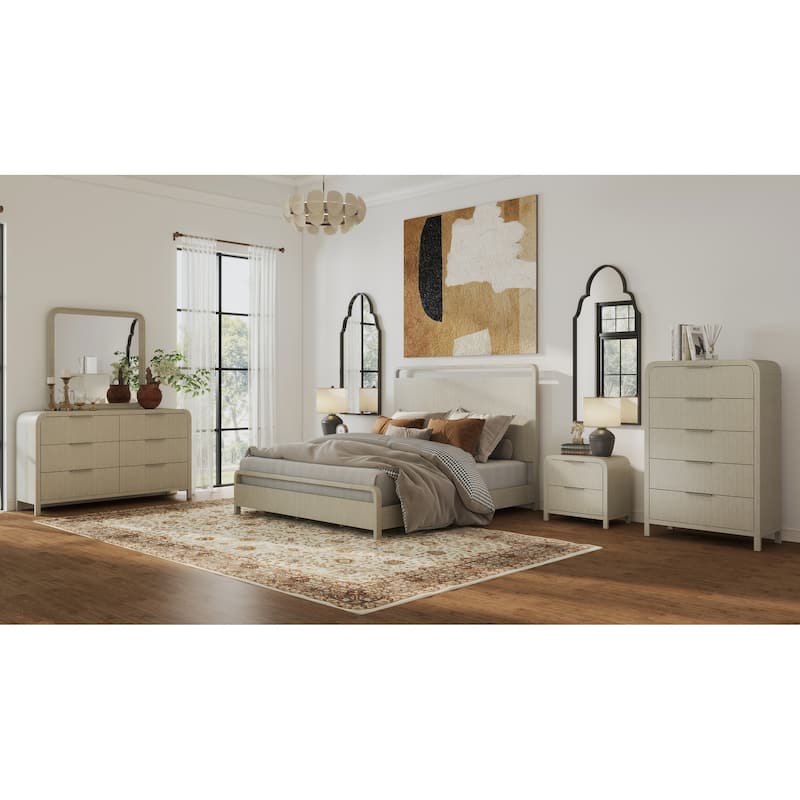 Roundhill Furniture Tavari 6-Piece Bedroom Set with Panel Bed, Dresser, Mirror, Two Nightstands, and Chest in Light Gray - Queen