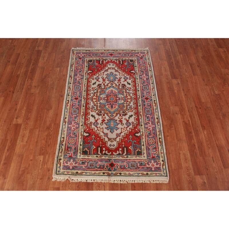 Geometric Heriz Serapi Indian Foyer Rug Hand-Knotted Wool Carpet - 3'0"x 4'11"