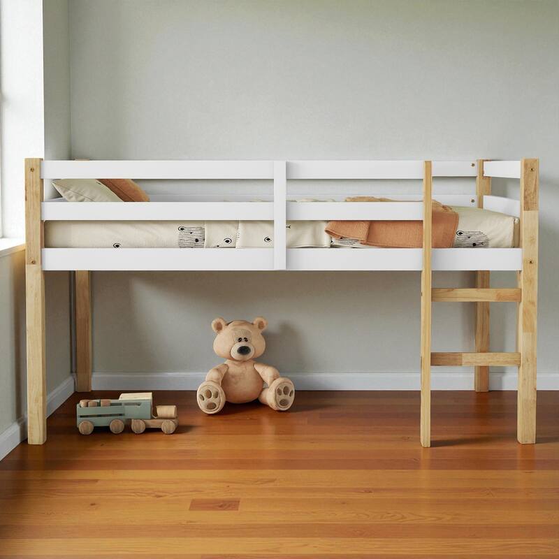 Solid Wood Twin Loft Bed with Ladder, Rubber Wood Frame Low Height Design with Guard Rails and Storage Space