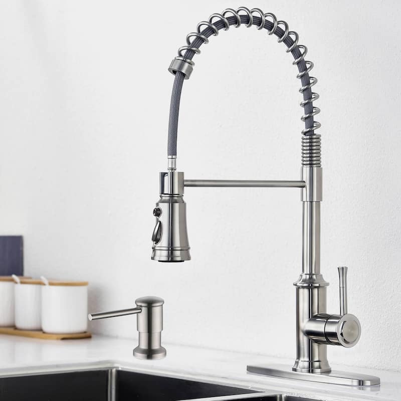 Spring Single Handle Pull Down Sprayer Kitchen Faucet Deckplate Included in Stainless Steel Brushed Nickel