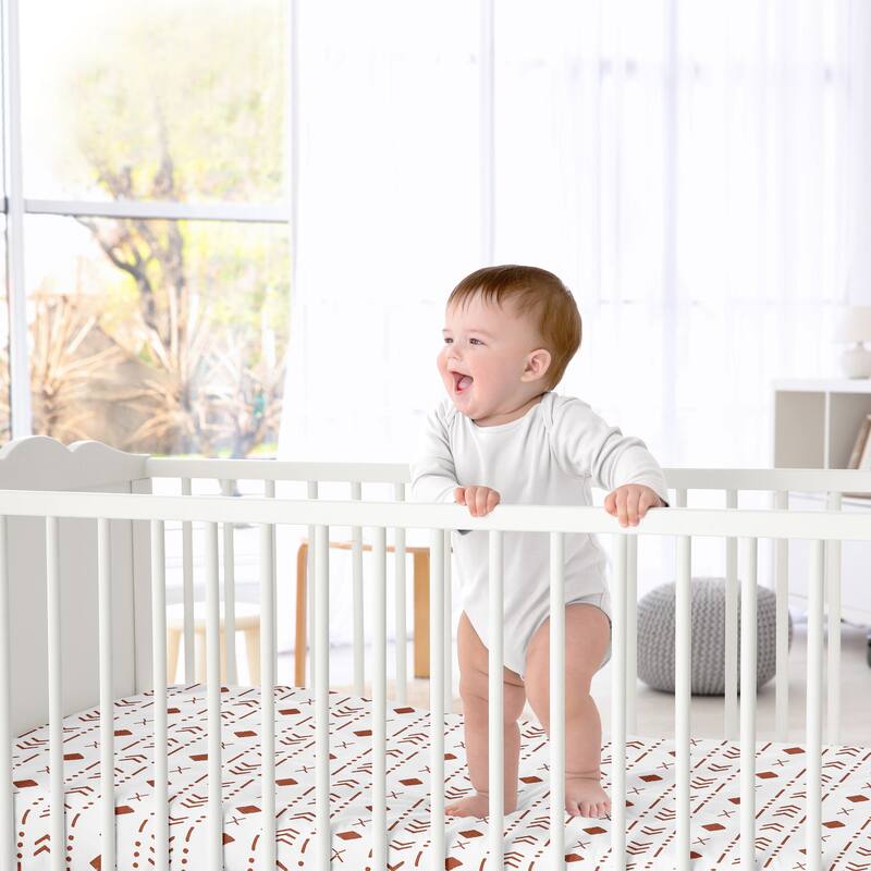 White Rust Boho Tribal Mudcloth Boy Girl Fitted Crib Sheet - Orange Woodland Bohemian Southwest Geometric Arrow Neutral Aztec