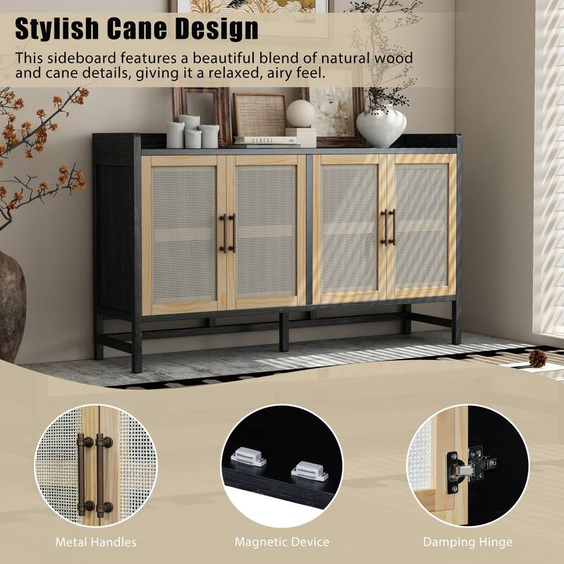 Rattan Sideboard Buffet Storage Cabinet Console Table, Black+Natural