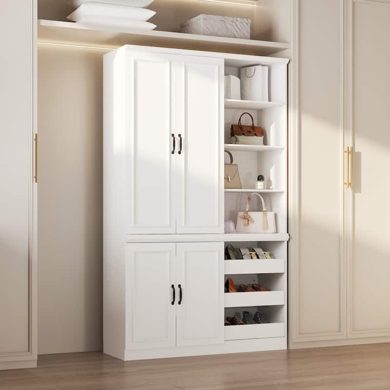 White Wardrobe Closet with Adjustable Shelves Solid Wood Frame Storage Cabinet for Home Organization