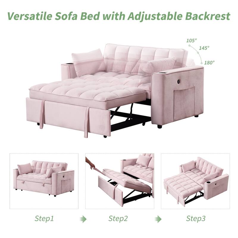 Loveseat Convertible Pull-out Sleeper Sofa Bed Adjustable Backrest Tufted Couch Futon Sofa w2 Pillows, USB Ports Pockets