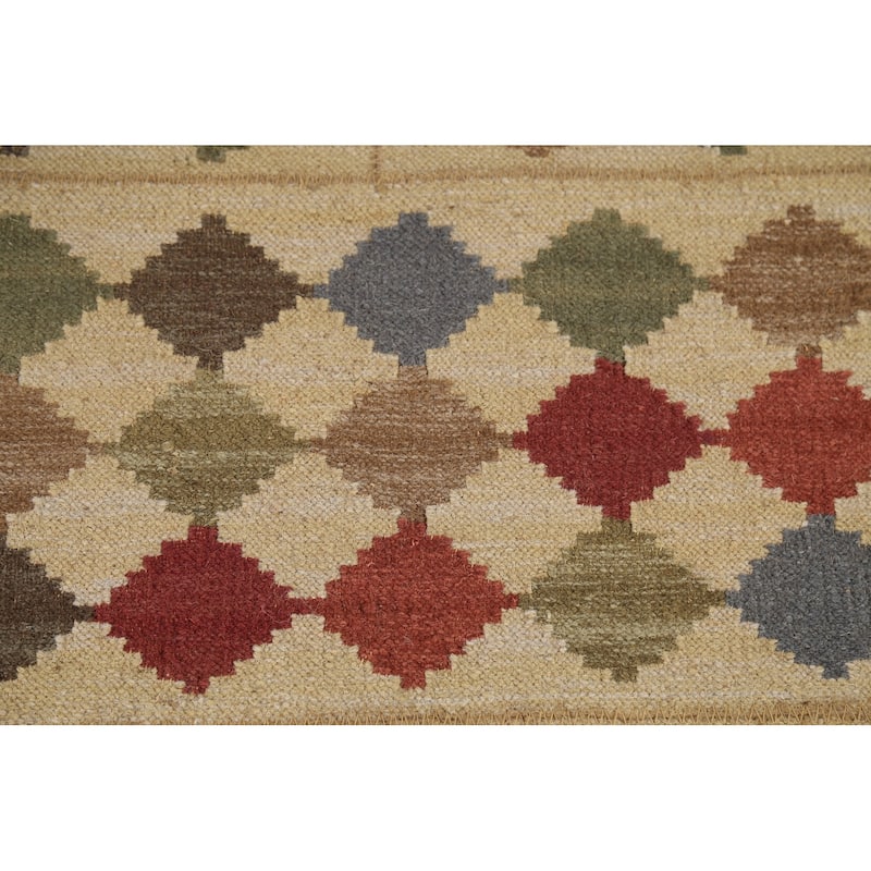 Geometric Kilim Oriental Area Rug Hand-Woven Beige Wool Carpet - 3'9"x 6'0"