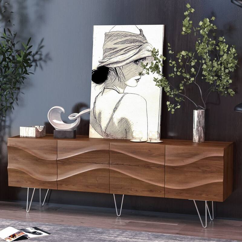 Modern Solid Wood TV Stand, Mid-Century TV Bench with Drawers, Cabinets, Tall-Cast Legs, Ash -  Dark Wood - 78.74"