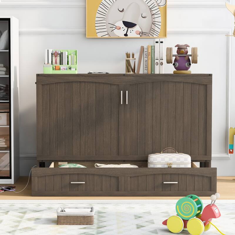 Queen Size All-in-One Murphy Bed w/ Charging Station Upholstered Bed & USB Port Platform Bed Frame, Space-Saving, Easy Assembly
