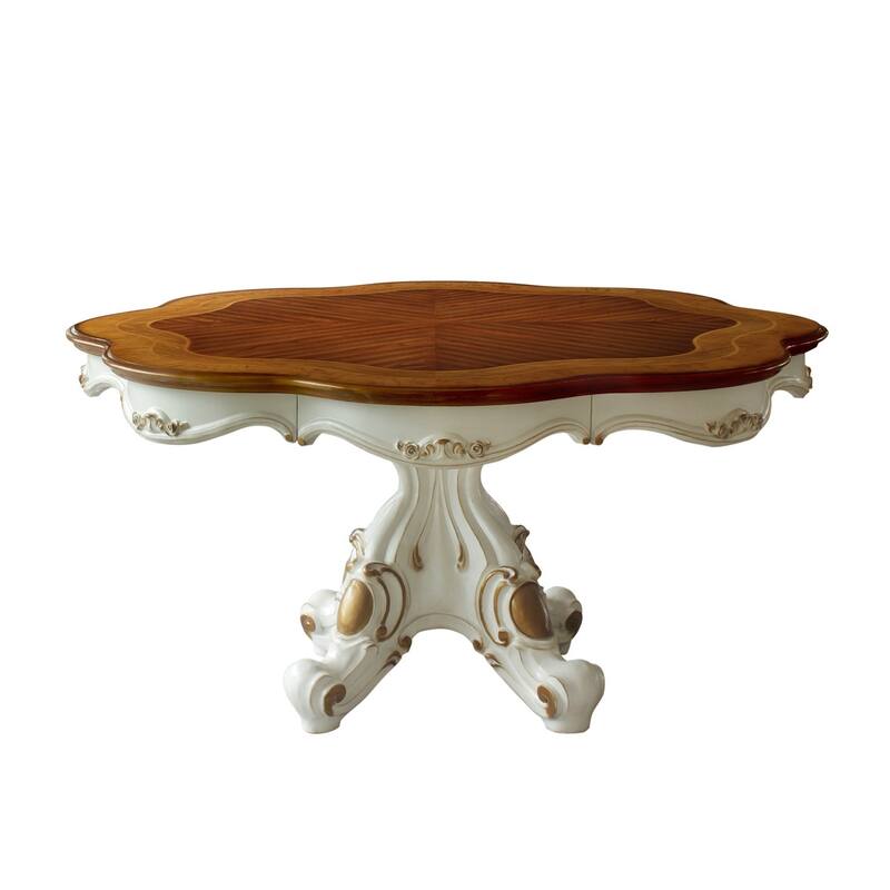Wooden Top Dining Table With Pedestal Feet, Antique Pearl & Cherry Oak