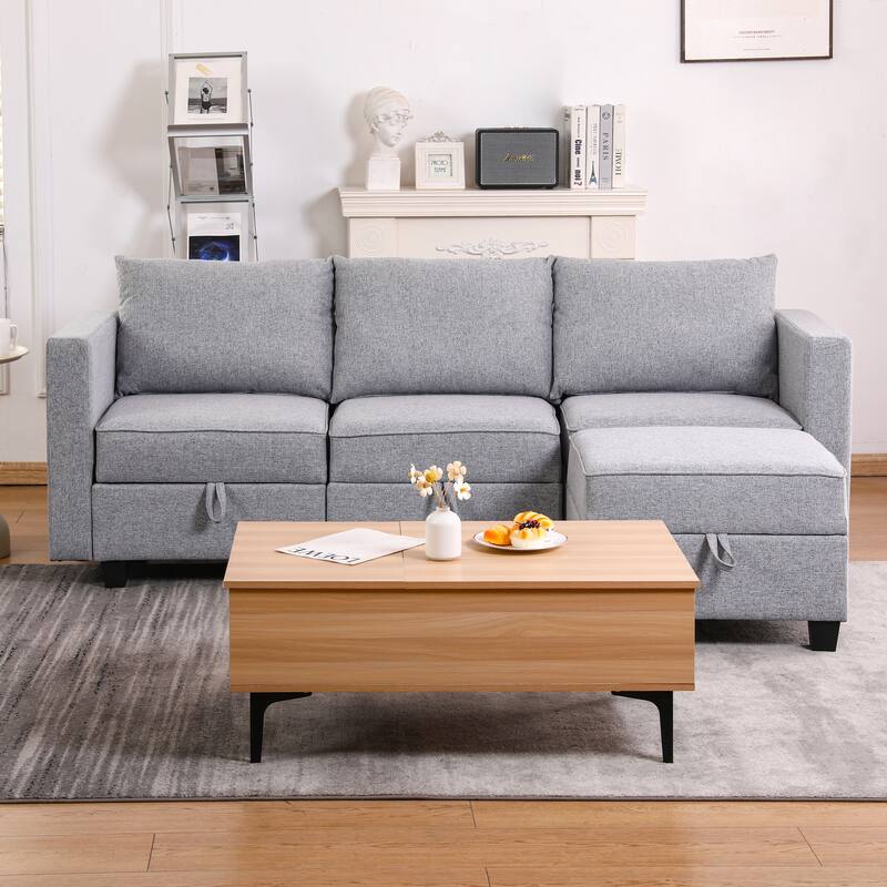 87" Burlap L-Shaped Modular 3-Seater Sofa with Ottoman & Storage