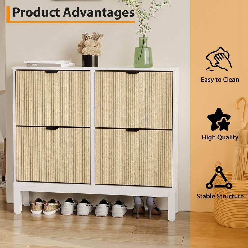 Modern Narrow Fluted Shoe Storage Cabinet with 4 Flip Drawers