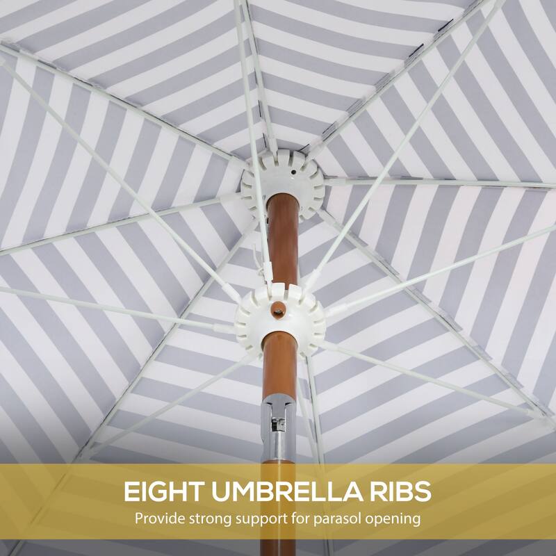 7 x 7 ft Outdoor Patio Umbrella with Tilt, Vent, Market Table Umbrella Parasol with Fringed Ruffles and Flounce, Blue Strip