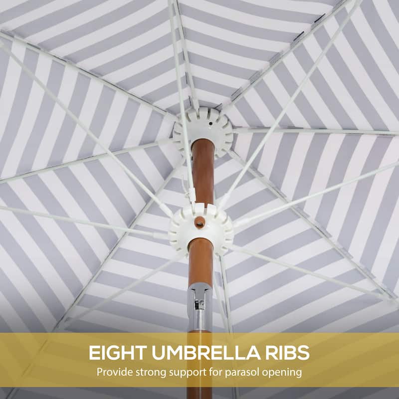 7x7 ft Tiltable Outdoor Patio Umbrella with Vented Canopy, Fringed Ruffles, and Flounce - Blue Strip