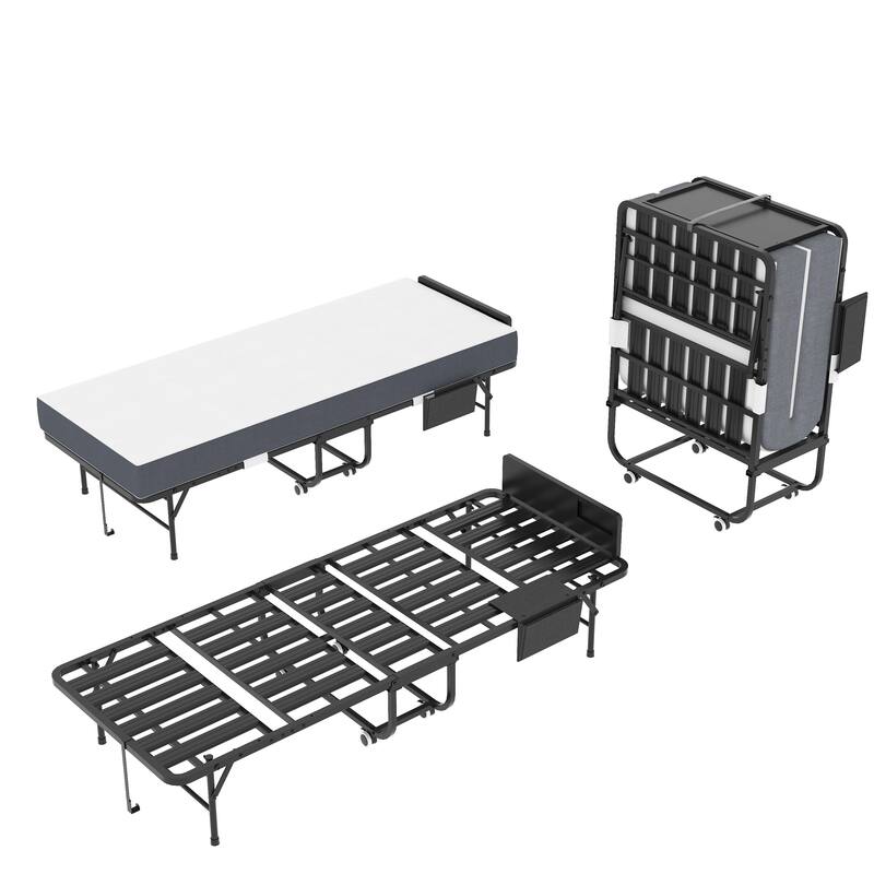 75" Folding Bed with Adjustable Headboard & 5" Memory Foam, Space Saving Rollaway Guest Bed for Tall People, Twin Cot on Wheels