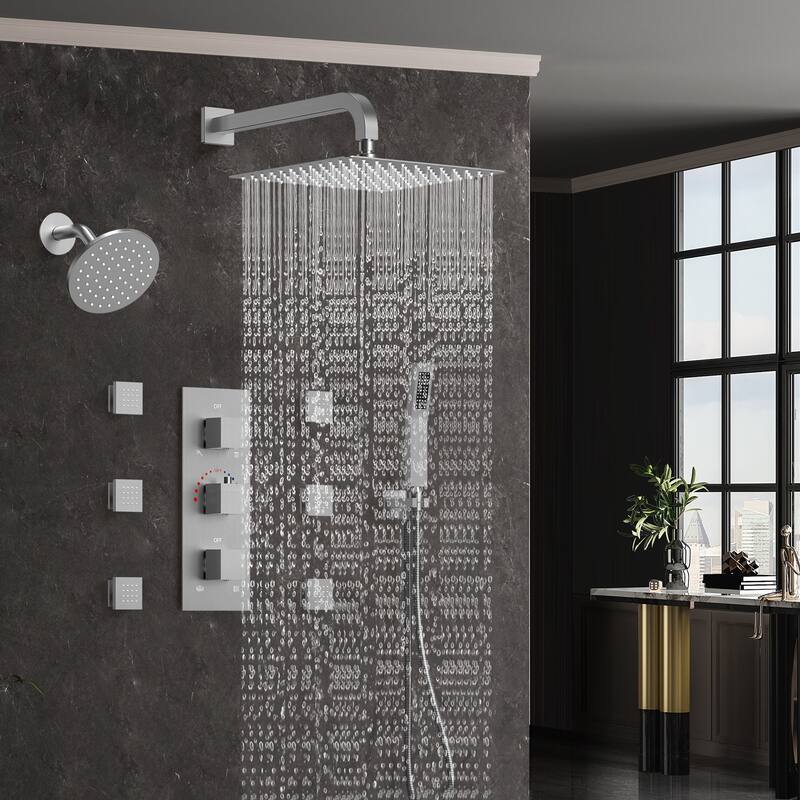Thermostatic Dual Shower System 12" and 6" Rainfall Shower Head with 6 Body Jets & Handheld Shower