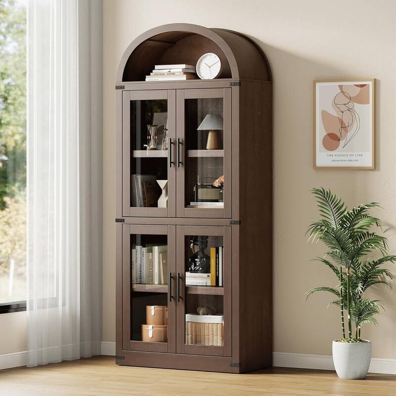 71.6" 5-Tier Arched Display Cabinet with Wooden Doors, Bookshelf - N/A