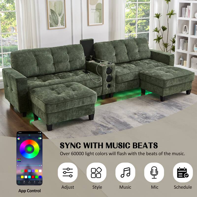 Modular U-shaped Sectional Sofa Couch with Movable Storage Ottomans, Multifunctional Console, Bluetooth Speakers and LED Lights
