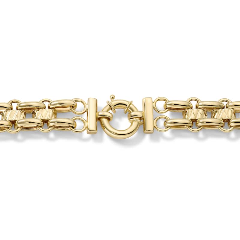 Clover 14K Yellow Gold Double Row Oval Link Bracelet with Diamond-Cut Barrel Stations - 7.5"