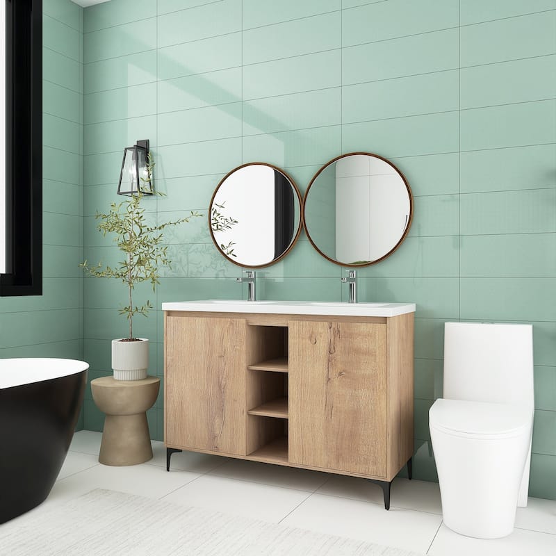 48 Inch Plywood Freestanding Bathroom Vanity Set in Imitative Oak with Integrated Double Resin Sink