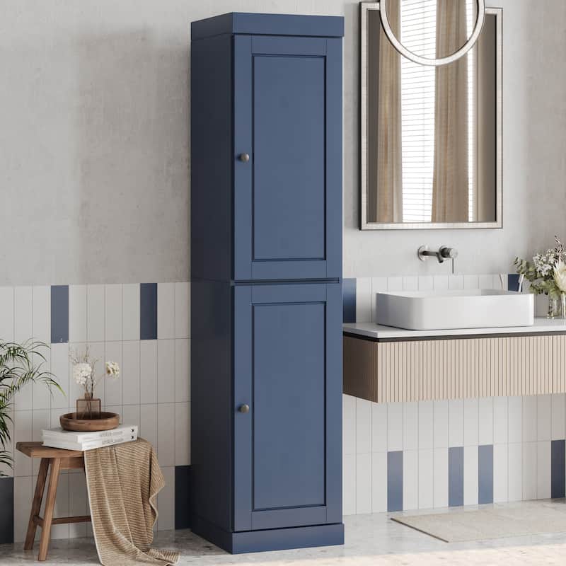 100% Solid Wood Tall Freestanding Bathroom Linen Cabinet with Doors, Adjustable Shelves, Modular Storage, 16.5" W x 71.5" H - Antique Blue