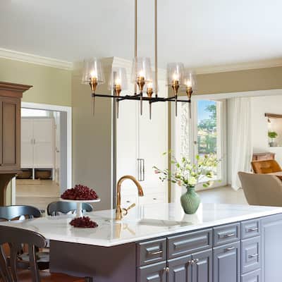 Modern Farmhouse 6-Light Black Gold Chandelier Seeded Glass Pendant Lights for Dining Room - L31.5'' x W15.5'' x H12''