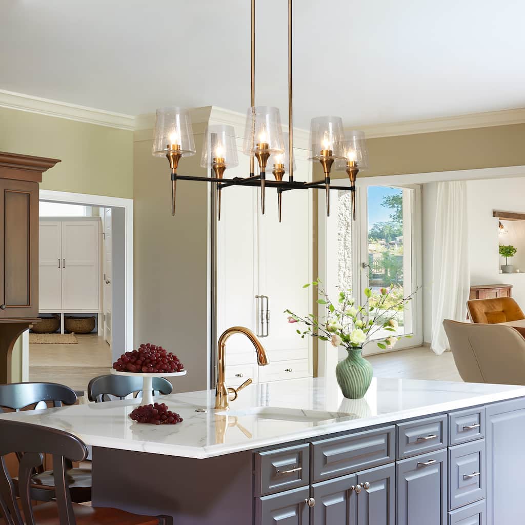 Modern Farmhouse 6-Light Black Gold Chandelier Seeded Glass Pendant Lights for Dining Room - L31.5'' x W15.5'' x H12''