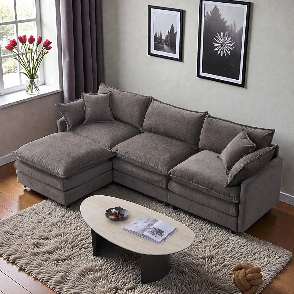 105" L-Shaped Modular Sectional Sofa with Ottoman, Soft Chenille Upholstery, 3-Seater Couch
