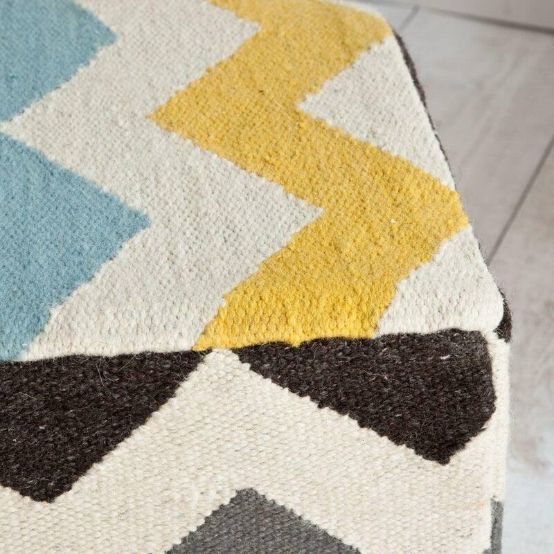 Alliaria XI Ivory/Charcoal Wool Zig-Zag Pattern Sqaure Pouf