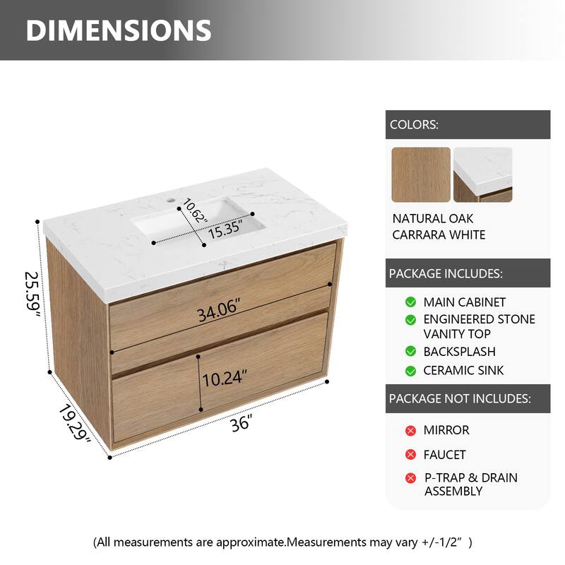 NebulaSky 24/ 30/ 36/ 48 in Wall Mounted Single Sink Bathroom Vanity with Engineered Stone Top Combo Cabinet Vanity Set