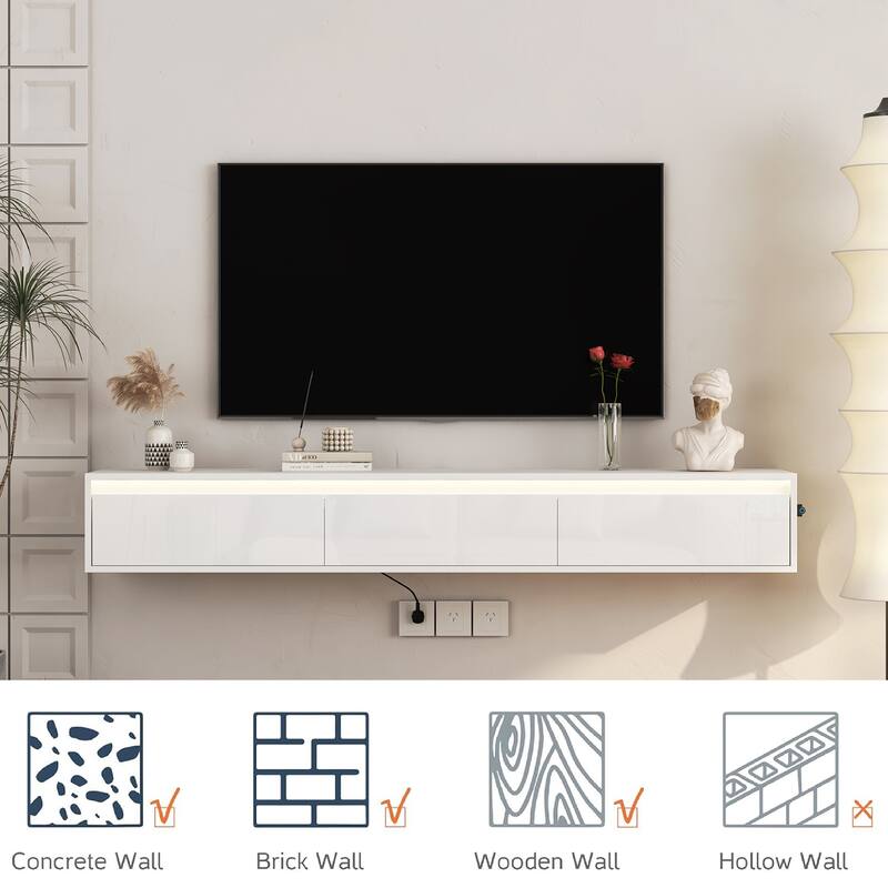 Floating TV Stand with Touch-Sensitive LED Light Strip, High-Gloss Cabinets, Modern Wall-Mounted Entertainment Center