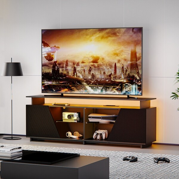 Gaming TV Stand for PS5 with Power Outlet and Storage Cabinets