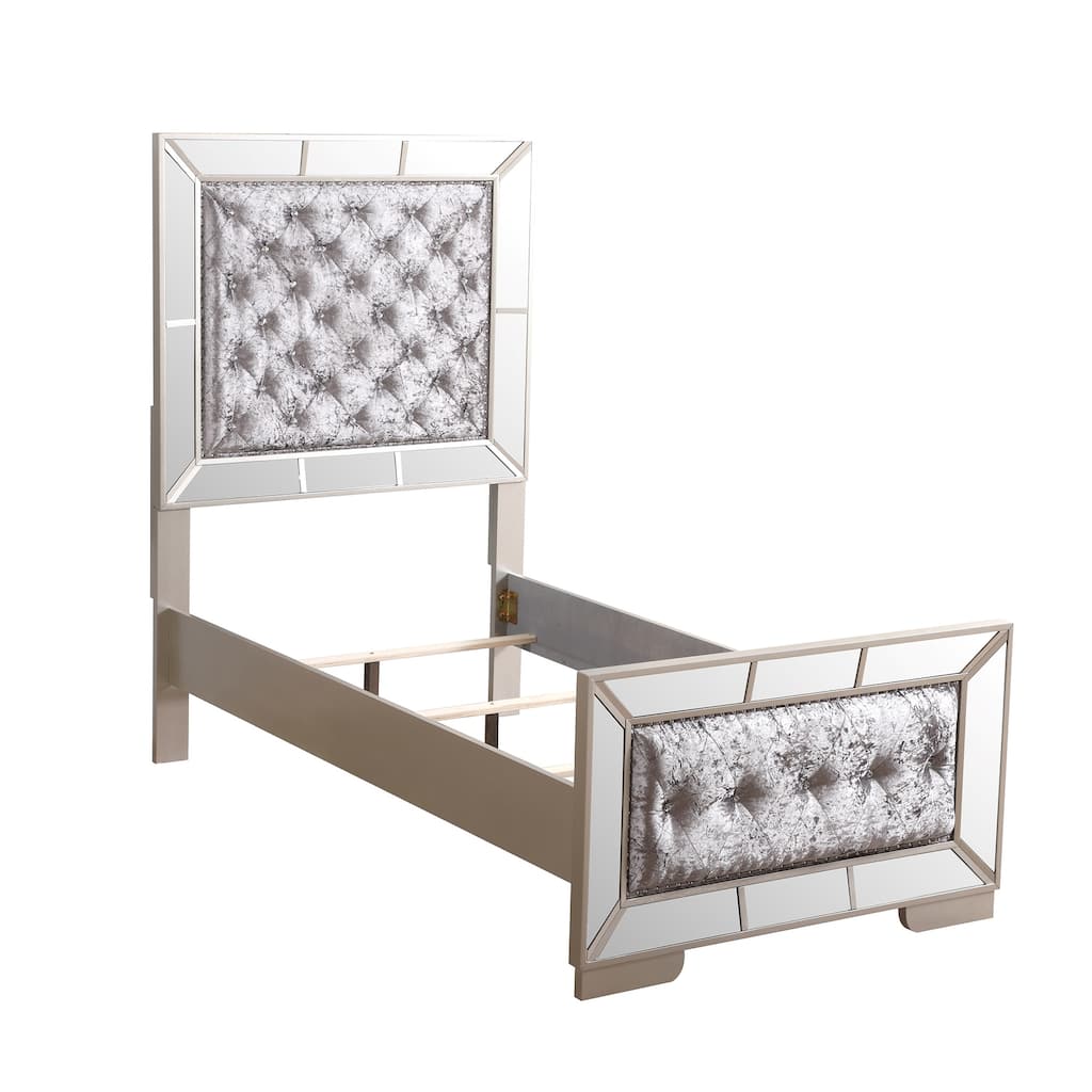 Diamond Tufted Twin Panel Bed with Mirror - 80" - Silver Champagne