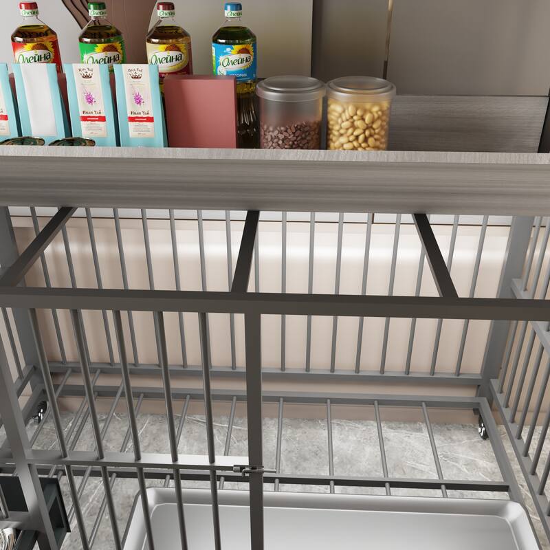 Large Pet Cage with Storage Rack, Drawers with Food and Water Basins, Double-Layer Storage Rack, Iron Frame and MDF Material