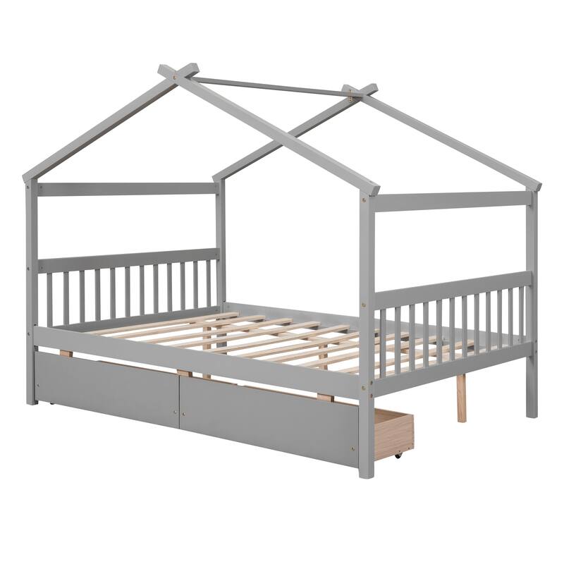 Full Size Wooden House Bed with 2 Drawers, Pinewood Frame, Kids Daybed, No Box Spring Needed