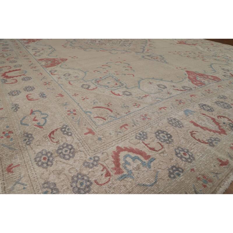 Medallion Tabriz Persian Area Rug Hand-Knotted Beige Wool Carpet - 9'2"x 12'8"